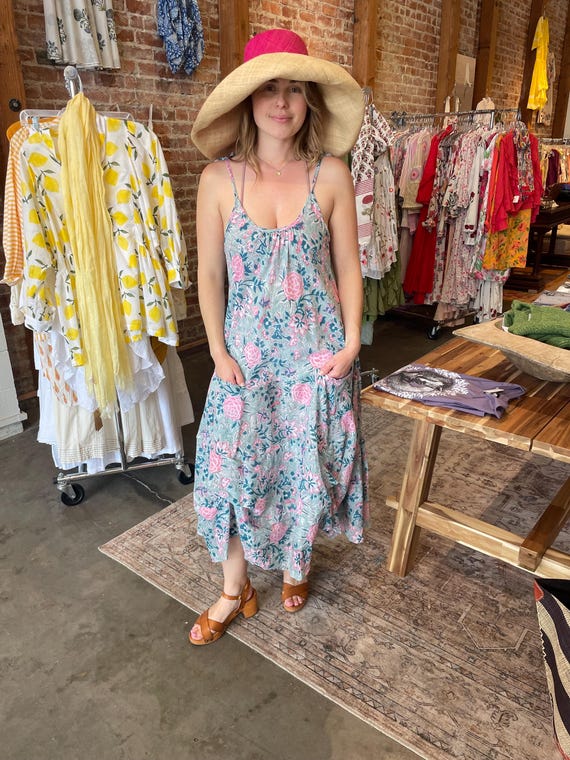 Vintage rose print cotton sundress with pockets in one size