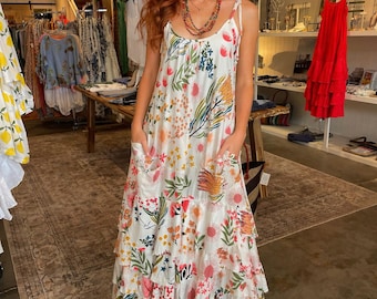 Colorful print  cotton sundress with layered skirt in one size