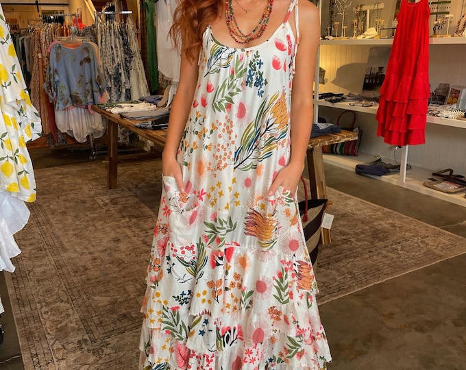 Colorful print  cotton sundress with layered skirt in one size