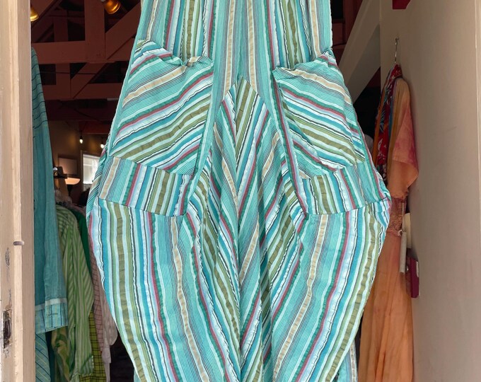 Turquoise textured seersucker stripe cotton lagenlook pant