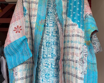 The Turquoise ocean silk kantha plus size reversible kimono jacket
