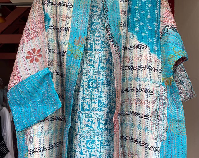 The Turquoise ocean silk kantha plus size reversible kimono jacket