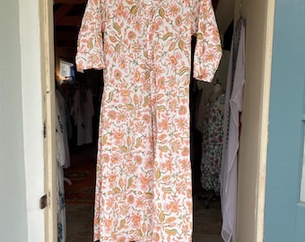 The Housedress! Tangerine floral block print cotton simple uncomplicated housedress with pockets