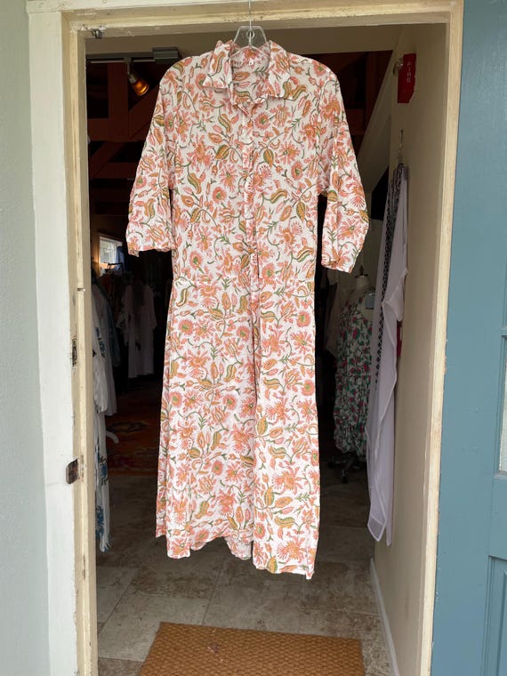 The Housedress! Tangerine floral block print cotton simple uncomplicated housedress with pockets