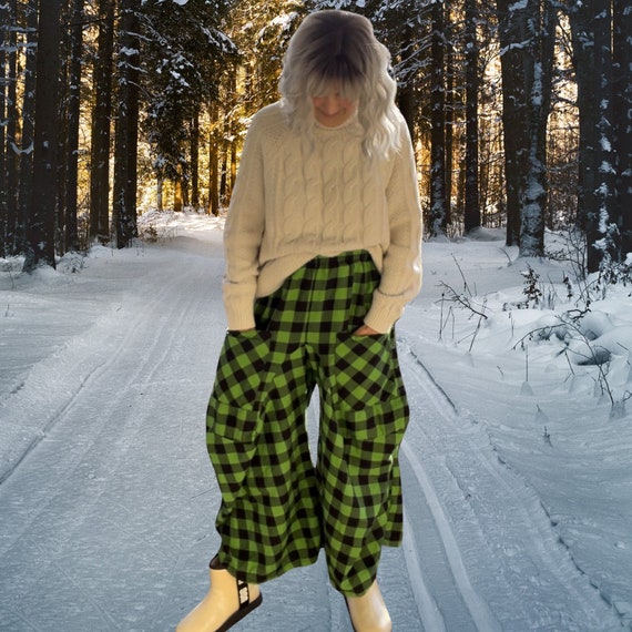 Calça xadrez de flanela funky em verde e preto lagenlook