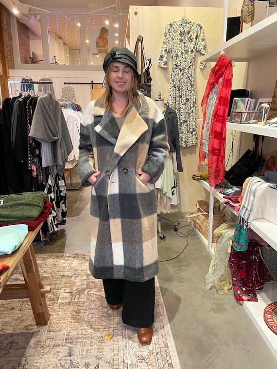 Grey wool plaid coat in one size