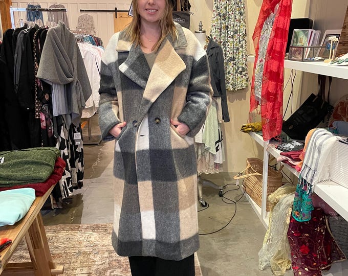 Grey wool plaid coat in one size