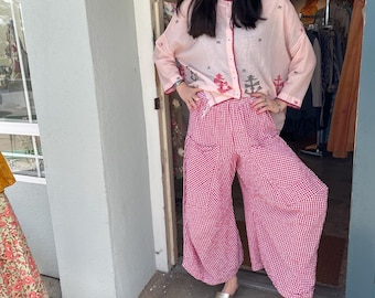 Red gingham  soft  seersucker cotton lagenlook pant