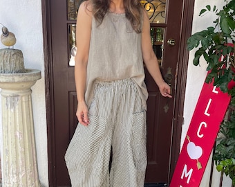 Olive pinstripe  seersucker soft  cotton lagenlook pant