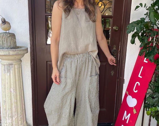 Olive pinstripe  seersucker soft  cotton lagenlook pant