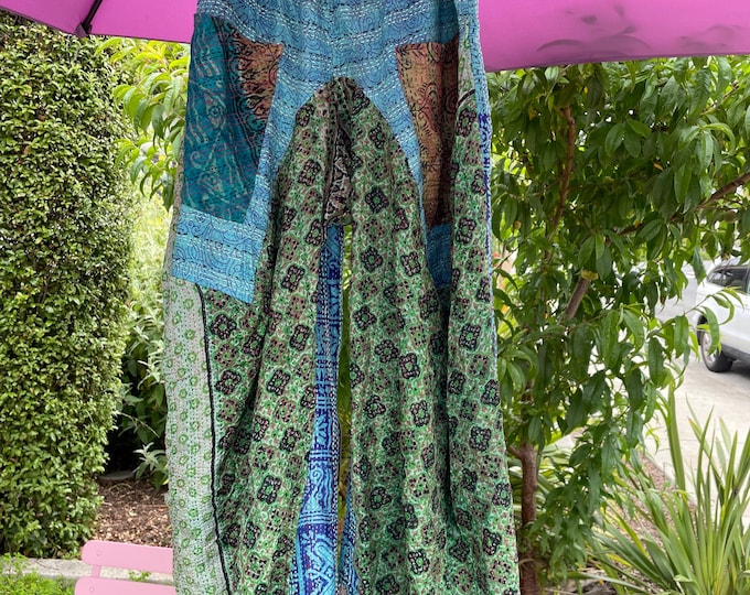 Silk kantha in turquoise  and green reversible lagenlook pant