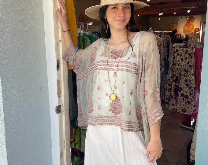 Antique rose  embroidered  sheer layering top  in viscose