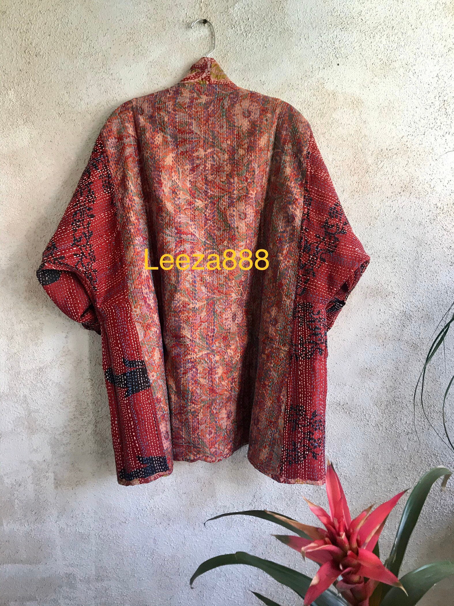 Floral Fusion kantha plus size reversible kimono jacket