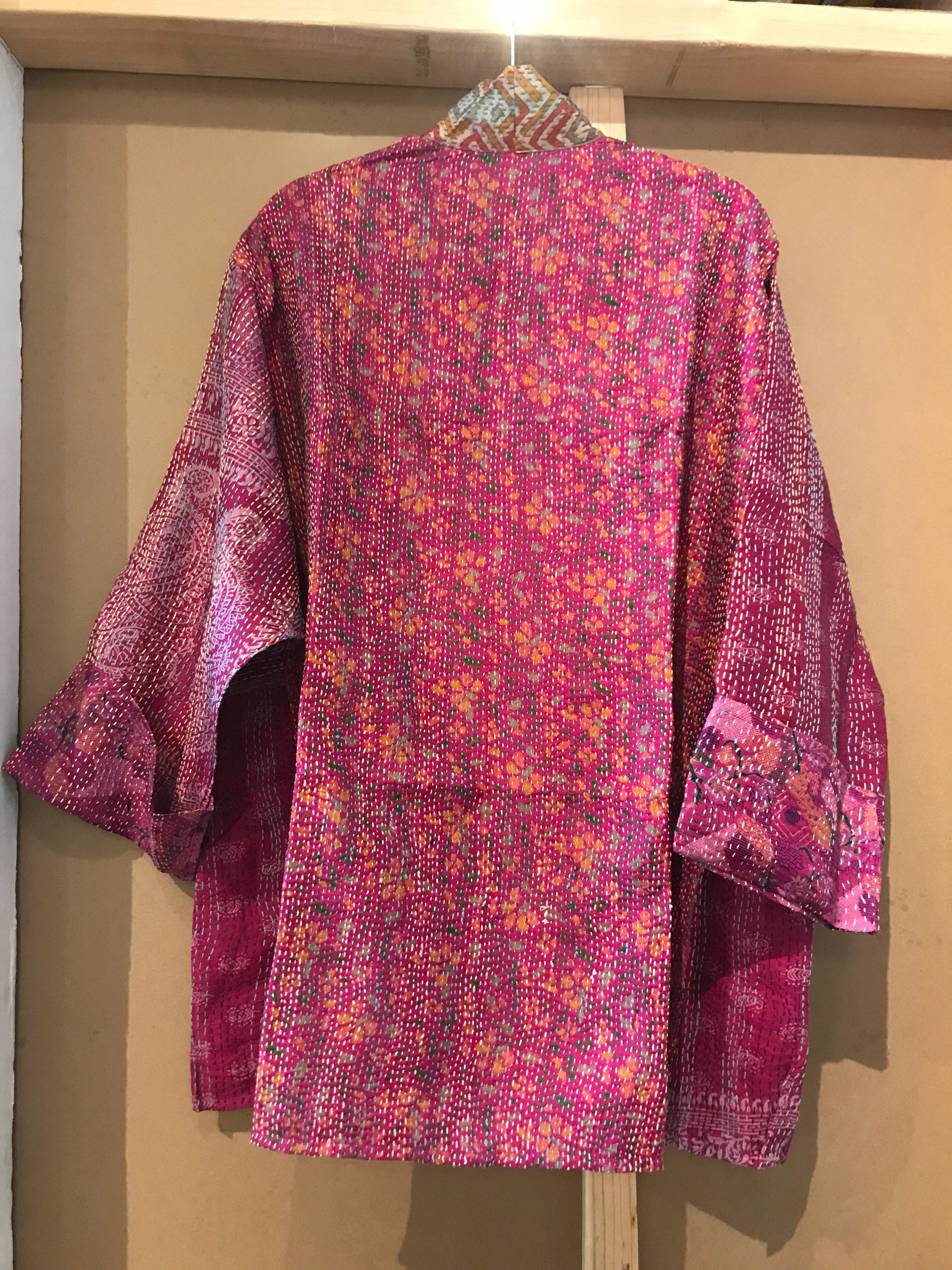 Pink vintage sari silk reversible kimono style jacket