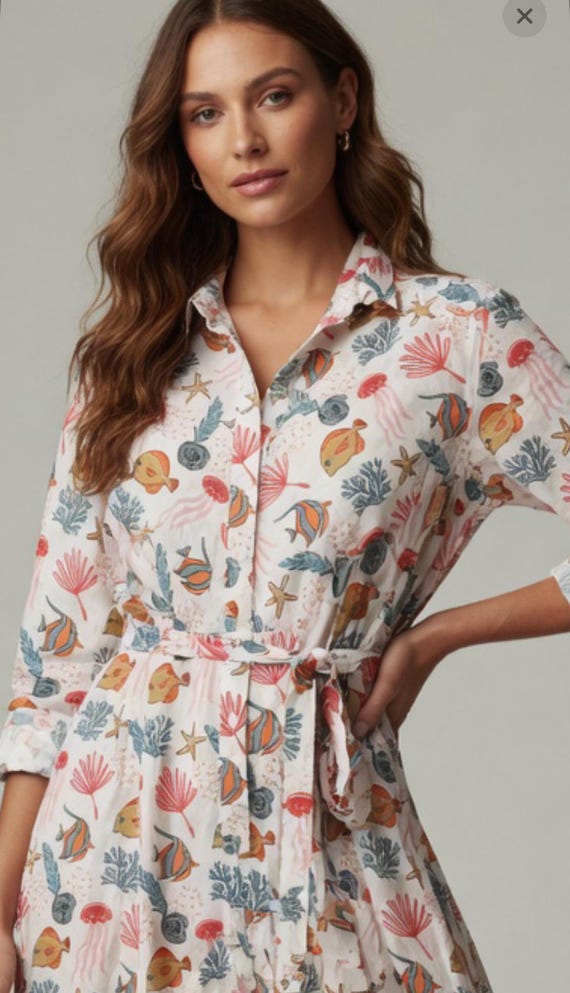 Long sleeve orange and blue sea life   blockprint funky dress