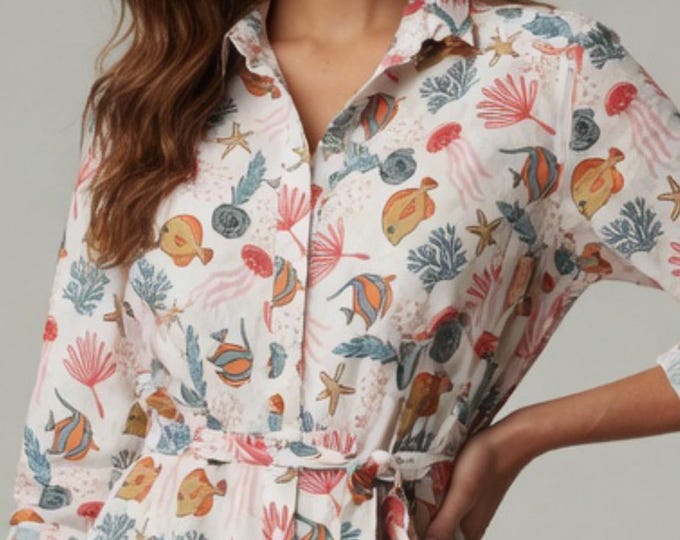 Long sleeve orange and blue sea life   blockprint funky dress