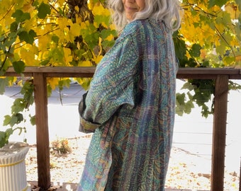 Ocean blue kimono in plus size reversible silk kantha duster/kimono