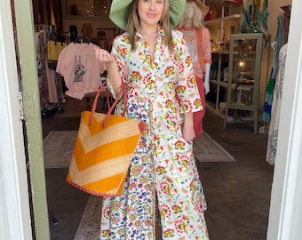 Button down 8 gore shirtdress with pockets in mixed print  cotton