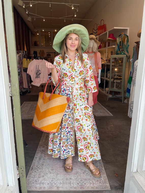 Button down 8 gore shirtdress with pockets in mixed print  cotton