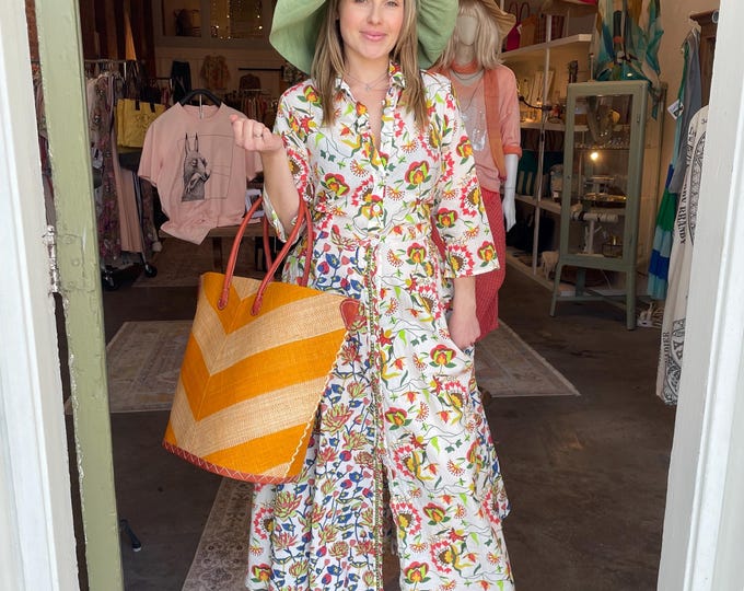 Button down 8 gore shirtdress with pockets in mixed print  cotton