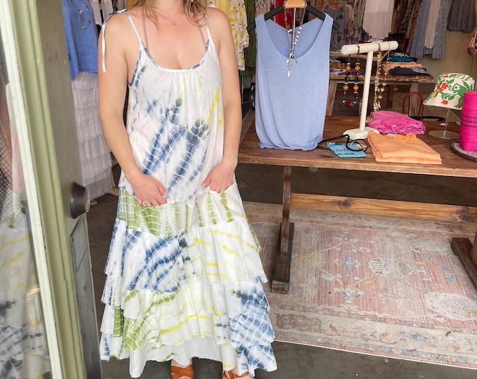 Tie dye cotton sundress with layered skirt in one size