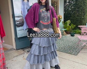 flannel blue layered skirt with raw edges