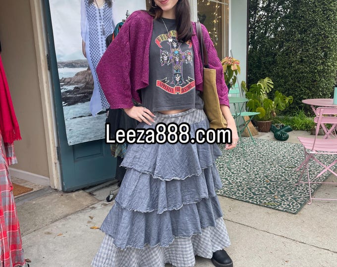 flannel blue layered skirt with raw edges