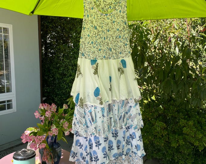 Mixed print cotton layered fru frou frock in blue mix