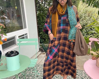 Flannel mix Caftan in one size gold and pink with turquoise and one of a kind