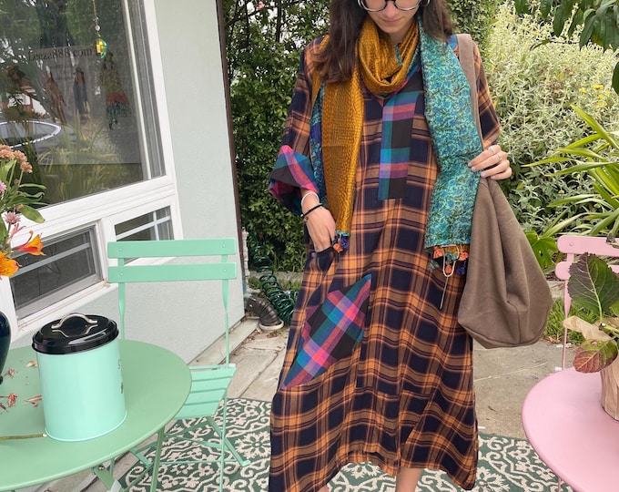 Flannel mix Caftan in one size gold and pink with turquoise and one of a kind