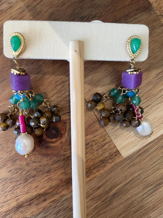 Purple and green beaded dangling earrings