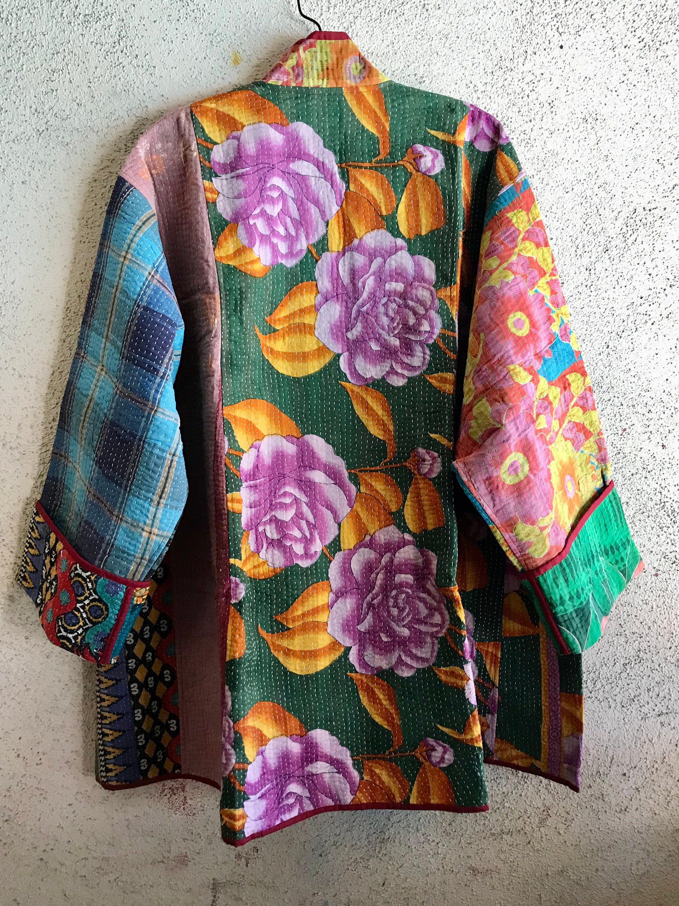 Kimono Veste Brodé Kantha Iconic Tribu - Coton Orange Et Beige, Taille Unique, Parfait Pour Un Look Bohème Et Ethnique