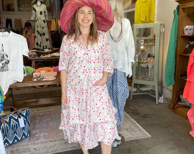 Button down prairie dress in pink floral
