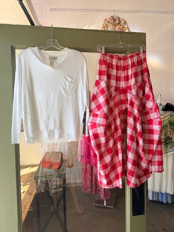 Red and white big check  cotton lagenlook pant