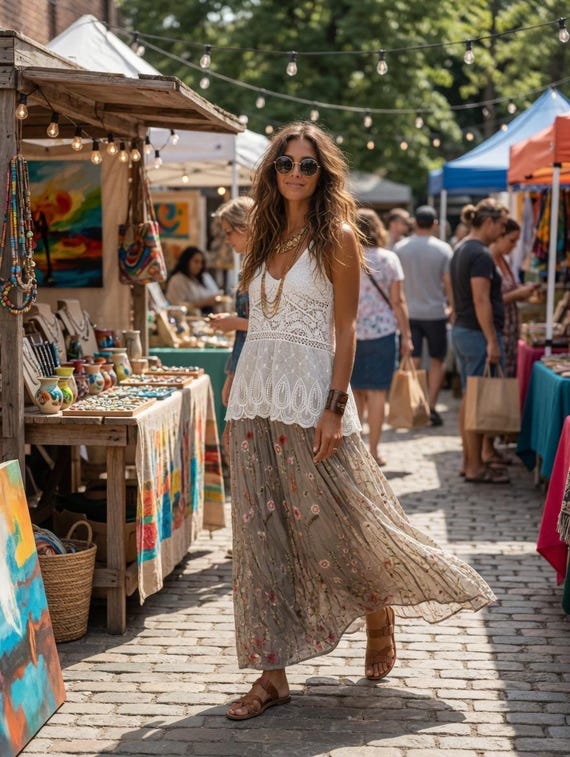 Silk embroidered  one size  skirt with elastic waist in taupe