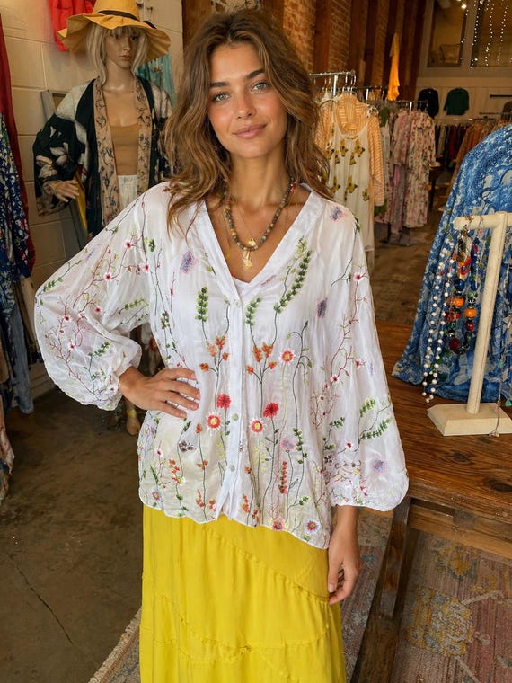 Embroidered white silk oversized button down