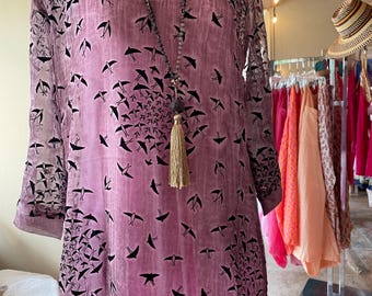 Dusty rose with black swallows  tunic in sheer viscose