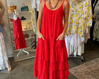 Red eyelet cotton sundress with layered skirt in one size