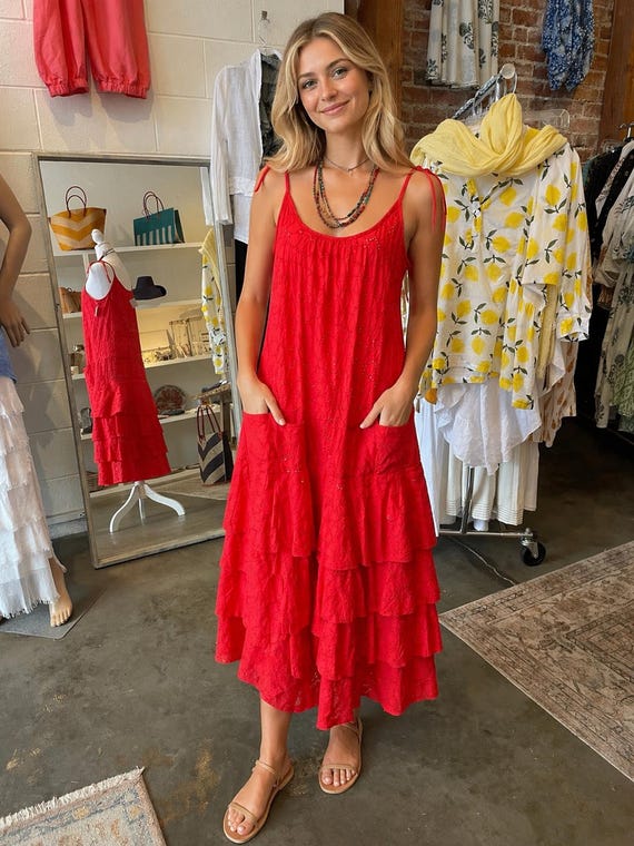 Red eyelet cotton sundress with layered skirt in one size