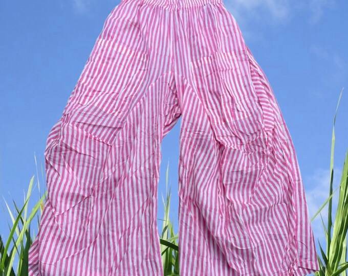 Pink blockprint stripe super lightweight print cotton voile lagenlook pant