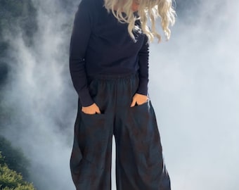 Funky flannel plaid  in teal blue and charcoal subtle sophisticated  colors lagenlook pant