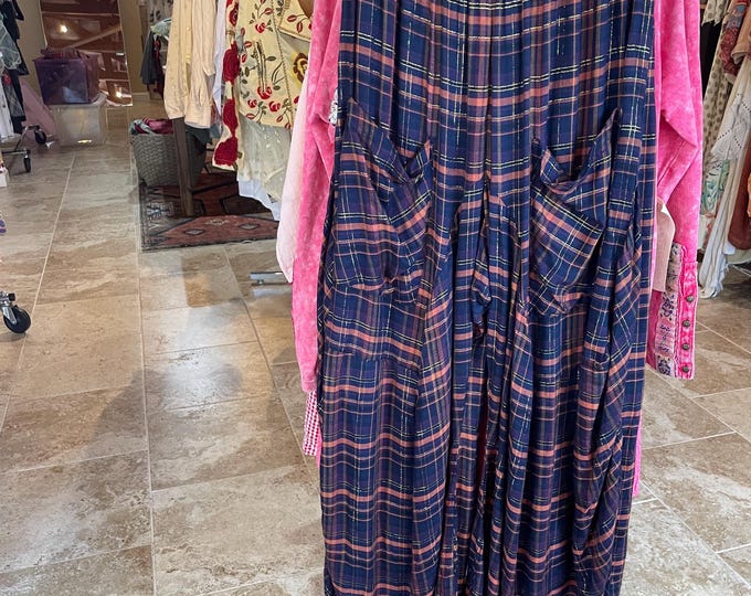 Navy with gold lurex plaid soft  cotton and modal blend lagenlook pant