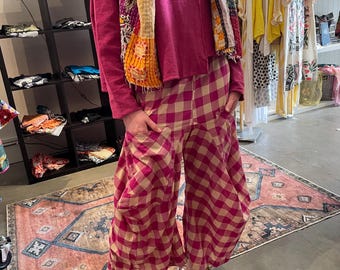Raspberry plaid cotton lagenlook pant