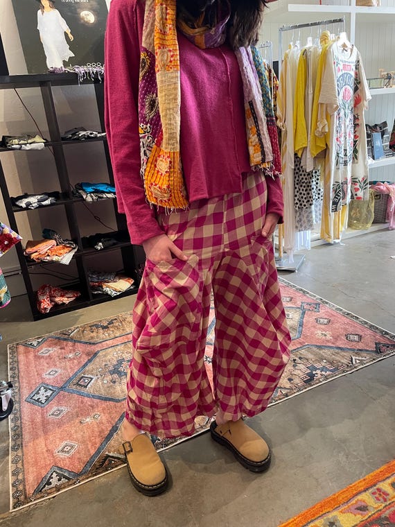 Raspberry plaid cotton lagenlook pant