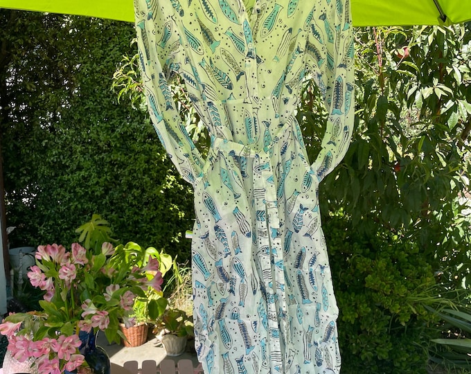 Long sleeve blue fish blockprint funky dress