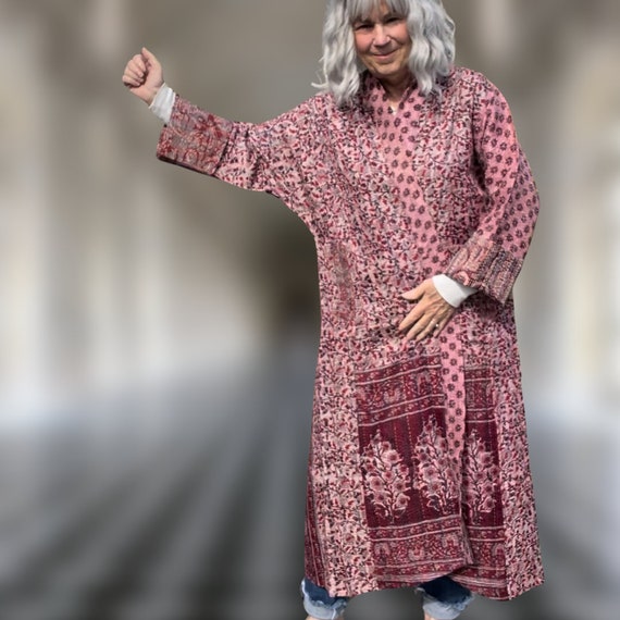 Sipping Zinfandel  in plus size reversible silk kantha duster/kimono