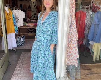 The Housedress! Turquoise  floral block print cotton simple uncomplicated housedress with pockets