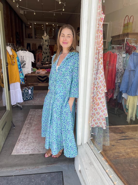 The Housedress! Turquoise  floral block print cotton simple uncomplicated housedress with pockets