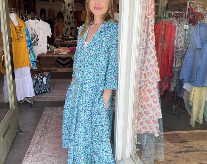 The Housedress! Turquoise  floral block print cotton simple uncomplicated housedress with pockets