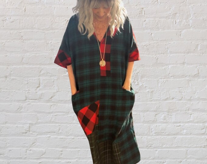 Flannel mix Caftan in red combo and one size and one of a kind